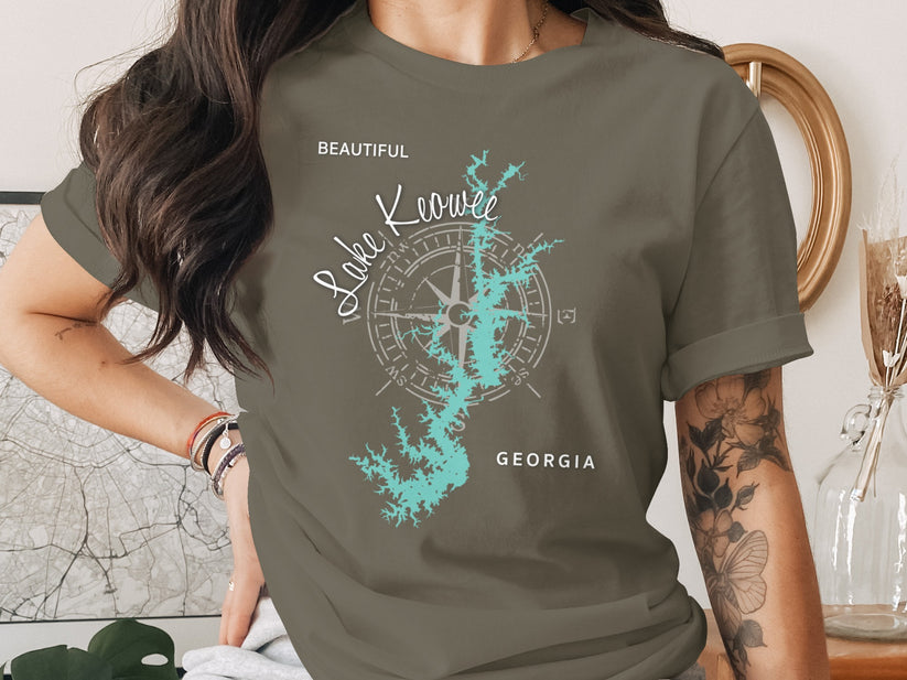 T-shirt with compass rose and "Lake Keowee Georgia" text.