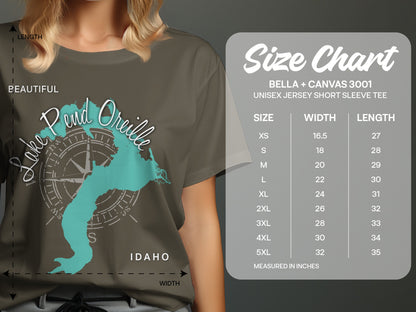 Size chart for Bella + Canvas 3001 unisex t-shirt, showing measurements.
