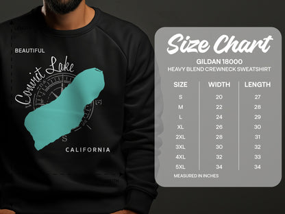 Convict Lake California graphic on black crewneck sweatshirt with size chart.