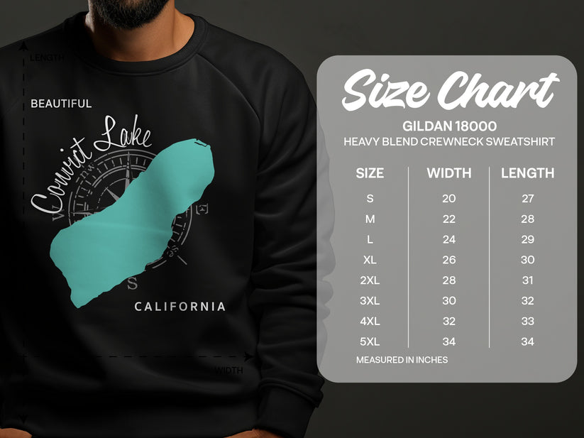 Convict Lake California graphic on black crewneck sweatshirt with size chart.