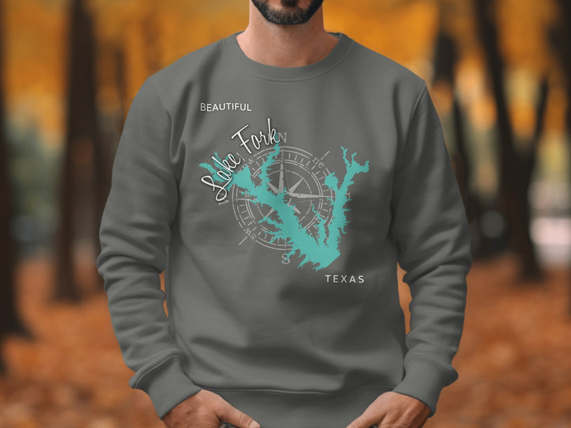 Dark gray sweatshirt featuring "Beautiful Lake Fork Texas" and compass rose map graphic.