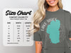 Comfort Colors 1717 size chart for heavyweight adult tee with Lake Tahoe graphic.