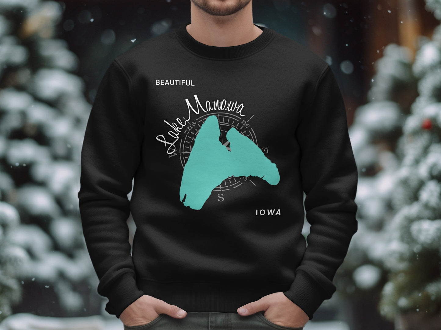 Black sweatshirt with "Beautiful Lake Manawa Iowa" map design.