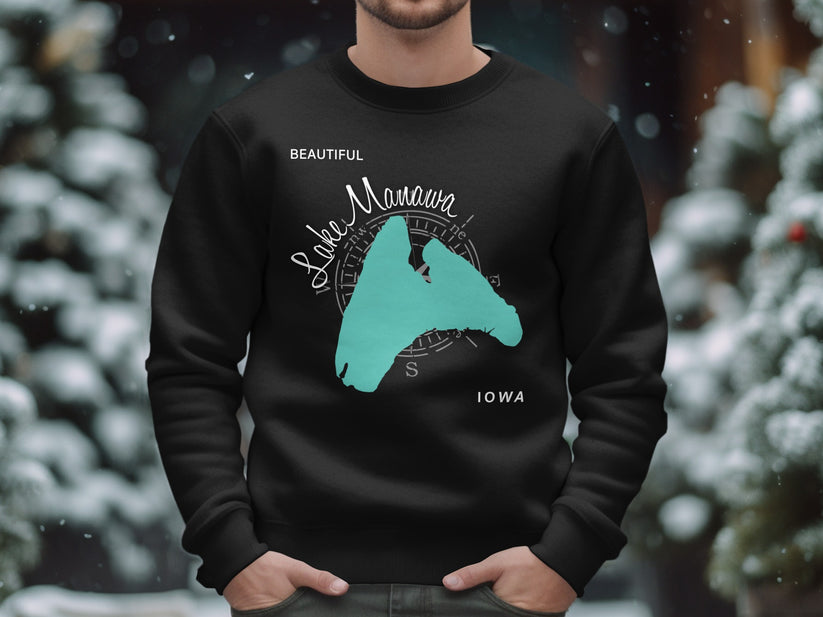 Black sweatshirt with "Beautiful Lake Manawa Iowa" map design.