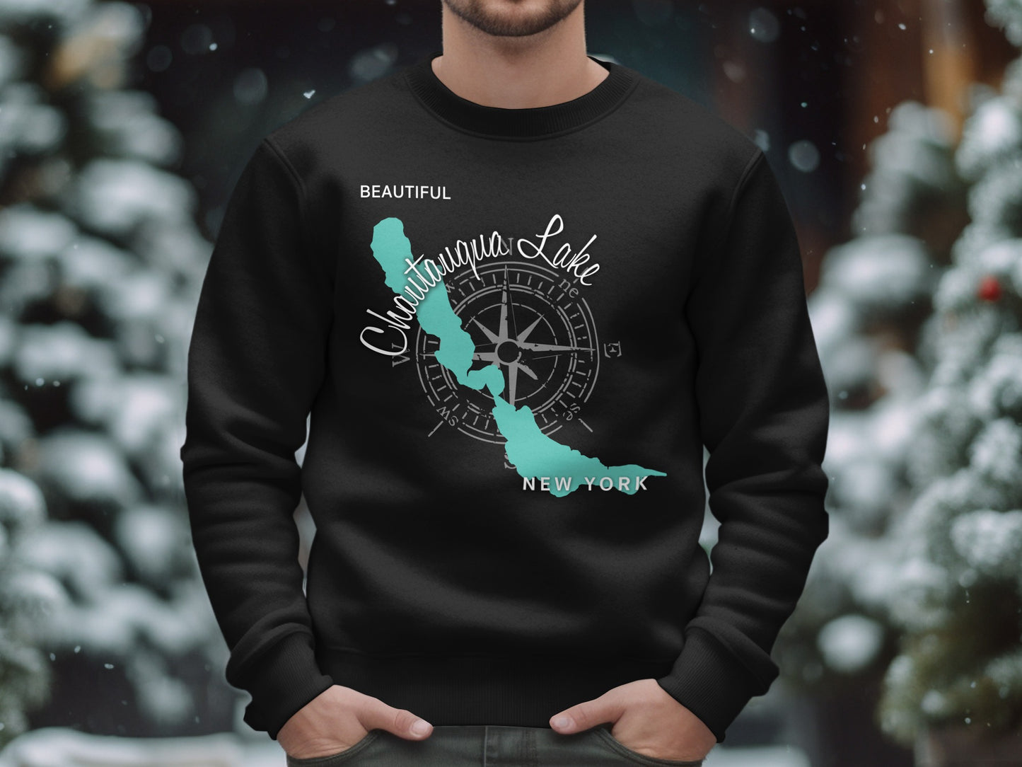 Black sweatshirt with Chautauqua Lake map and compass design.