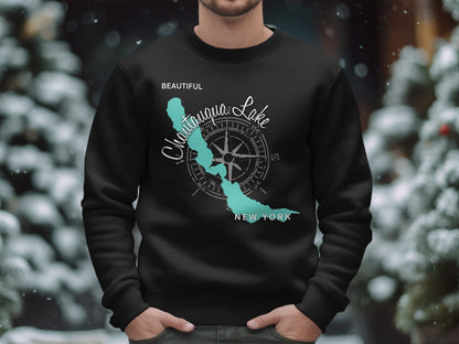 Black sweatshirt with Chautauqua Lake map and compass design.