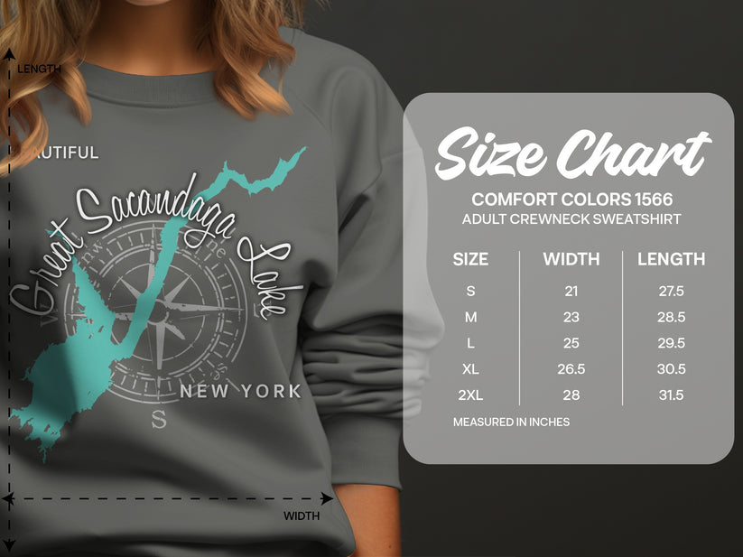 Crewneck sweatshirt size chart for Sacandaga Lake Comfort Colors 1566.