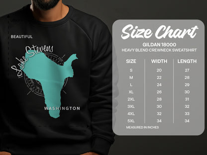 Lake Stevens Washington graphic on a Gildan 18000 sweatshirt size chart.
