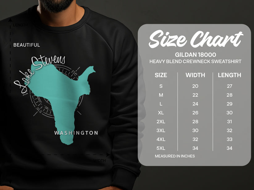 Lake Stevens Washington graphic on a Gildan 18000 sweatshirt size chart.