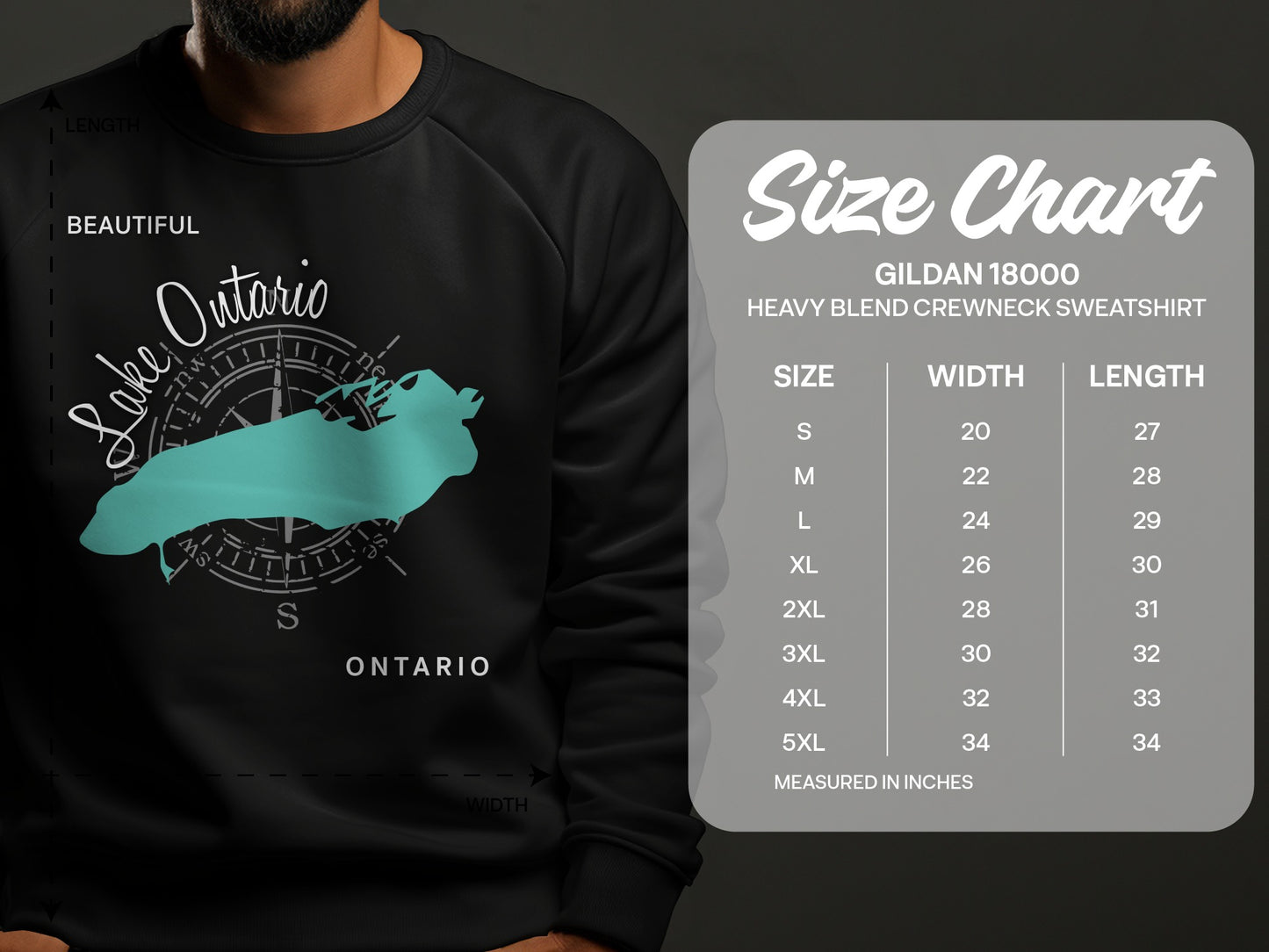 Gildan 18000 sweatshirt size chart with Ontario graphic.