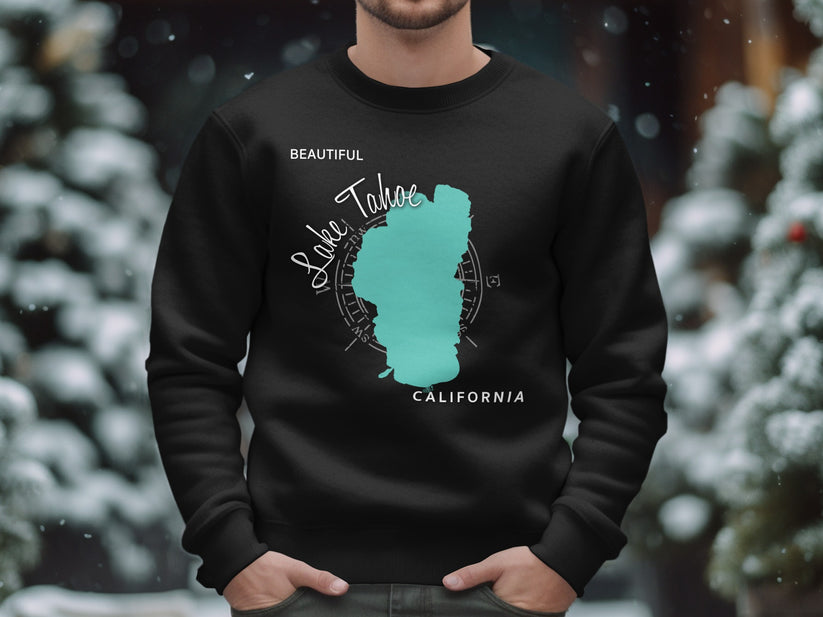 Black sweatshirt with turquoise Lake Tahoe outline and compass graphic.