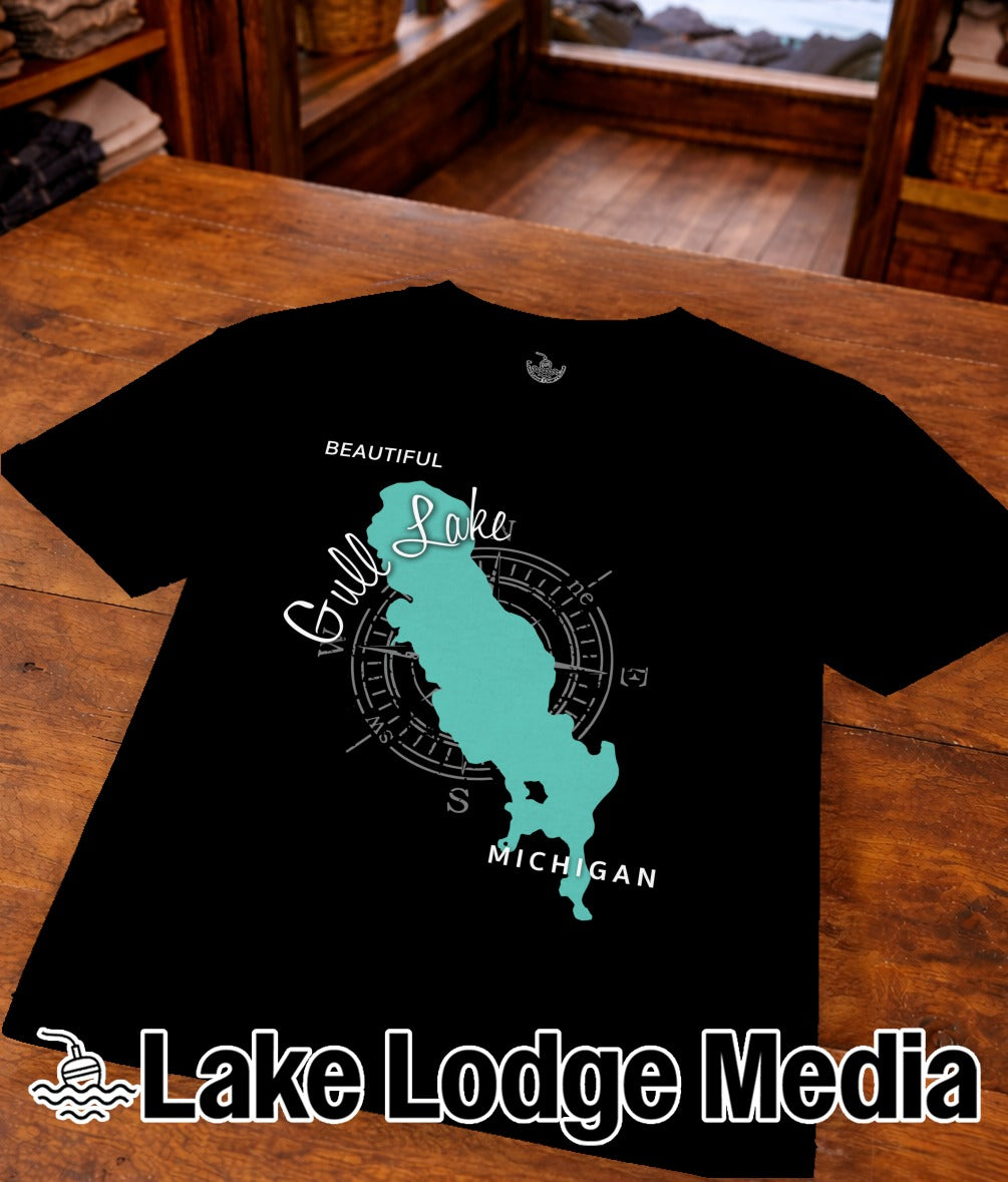 Black t-shirt featuring a teal compass rose map of Gull Lake, Michigan.