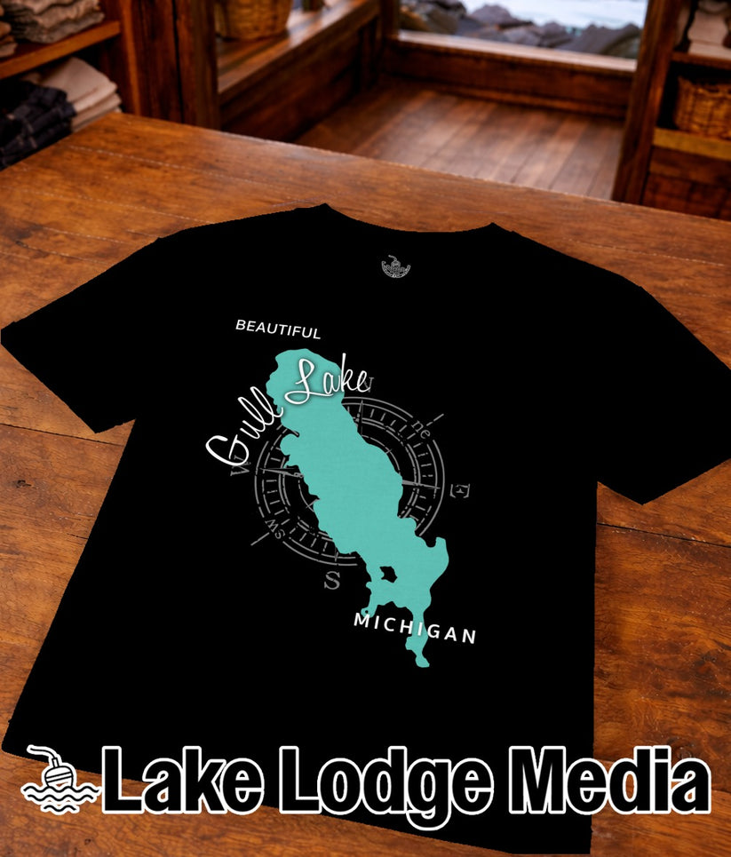 Black t-shirt featuring a teal compass rose map of Gull Lake, Michigan.
