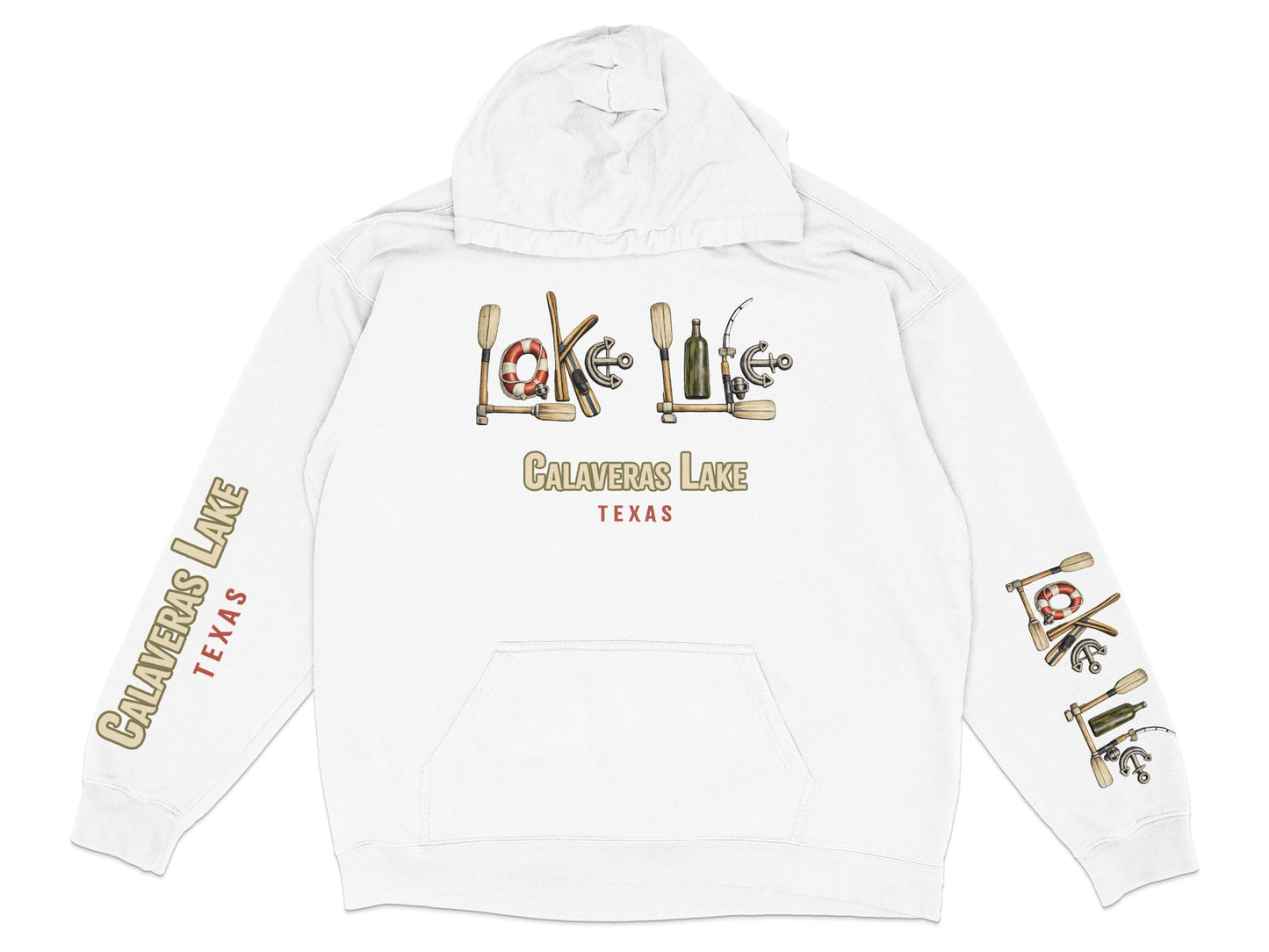 White hoodie with "Lake Life" text and graphics, "Calaveras Lake Texas" on sleeves.