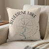 Decorative pillow with "Bluestone Lake West Virginia" text and compass rose graphic.