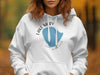 White hoodie featuring a blue Lake Mary Minnesota graphic with compass elements.