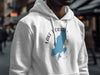 White hoodie with blue Lake Toratati, New York map graphic and compass graphic.