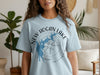 Light blue t-shirt with New Hogan Lake California compass design.