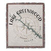 Tapestry blanket with Lake Greenwood map and compass rose graphic.