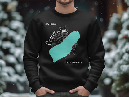 Black sweatshirt with a turquoise outline of Convict Lake and compass rose.