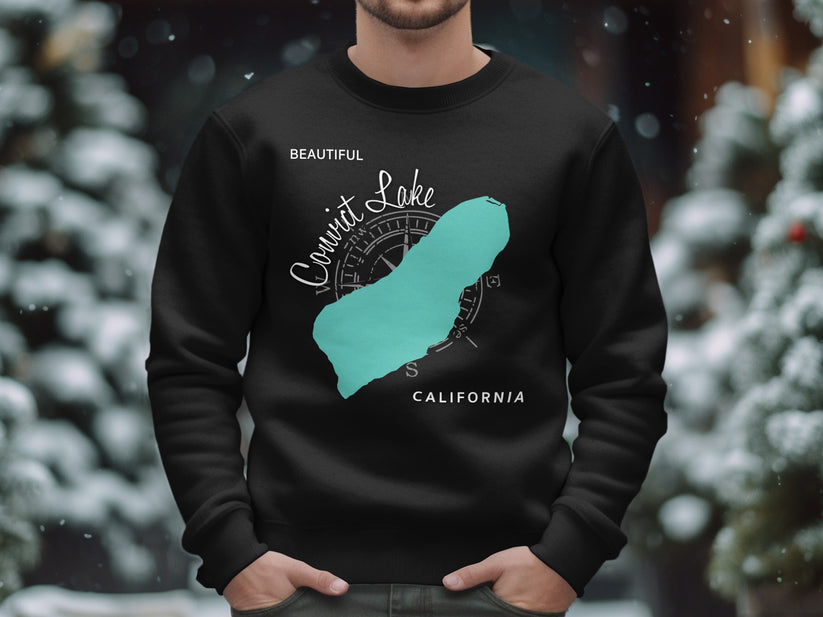 Black sweatshirt with a turquoise outline of Convict Lake and compass rose.
