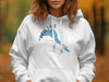 White hoodie with "Bow Lake Alberta" map design and compass graphic.