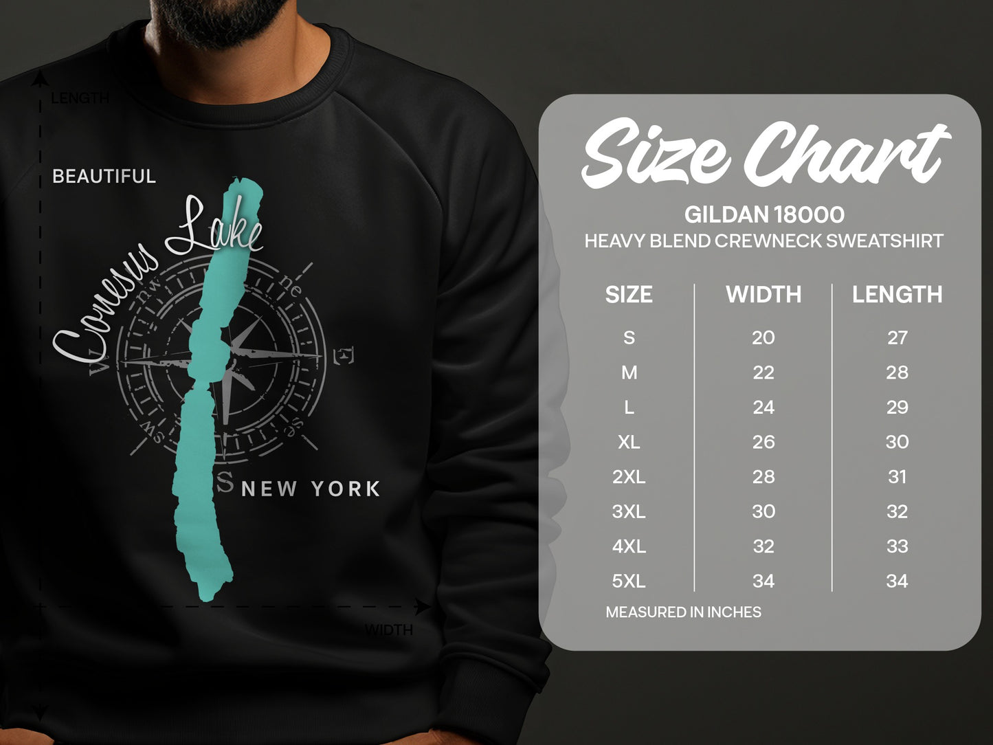 Conesus Lake New York graphic with size chart for Gildan 18000 sweatshirt.