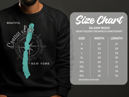 Conesus Lake New York graphic with size chart for Gildan 18000 sweatshirt.