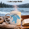 White mug with Lake Huron map, steam rising, by a window.