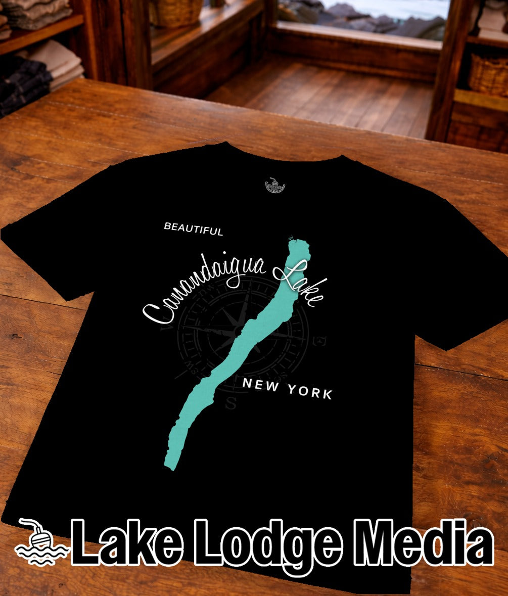 Black t-shirt with "Canandaigua Lake NEW YORK" and a compass rose design.