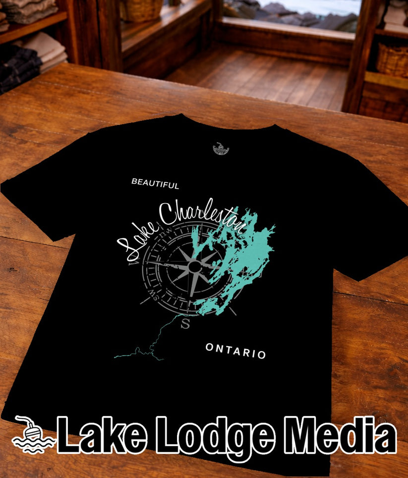 Black t-shirt with compass and map graphic reading "Beautiful Charleston Lake Ontario".