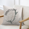 Pillow with Trinity Lake California map and compass design.