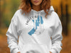 White hoodie with "Eagle Lake California" map graphic and compass rose design.