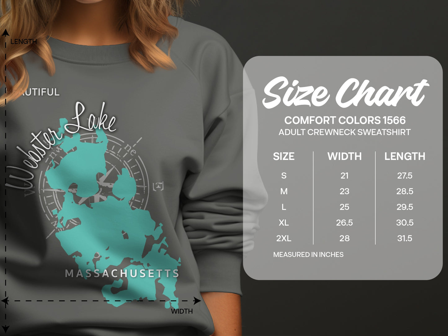 Crewneck sweatshirt size chart for Webster Lake Massachusetts.