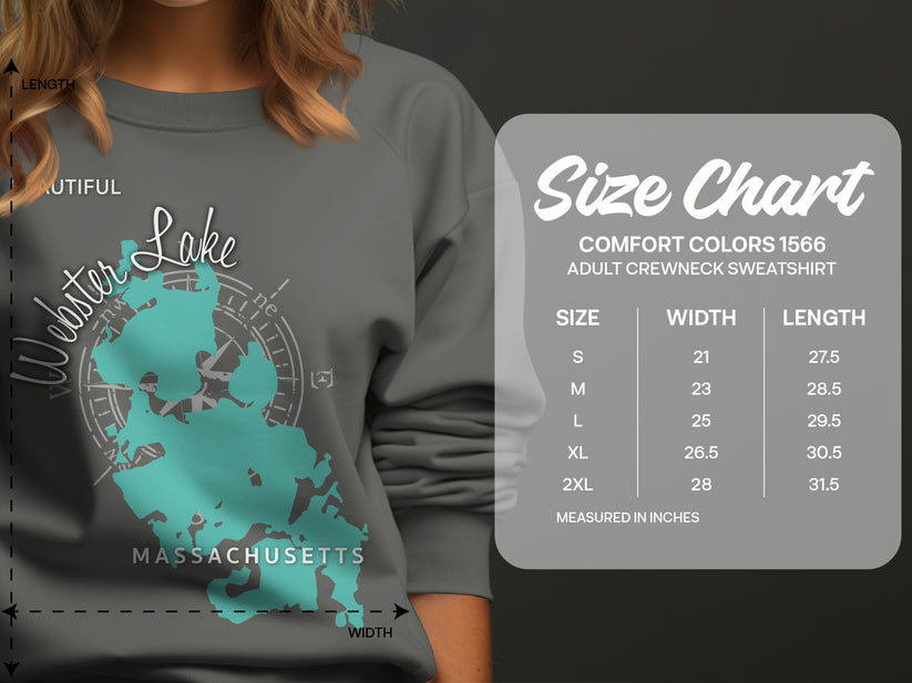 Crewneck sweatshirt size chart for Webster Lake Massachusetts.