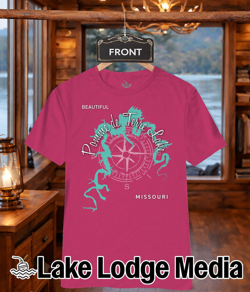 Pink t-shirt with a compass rose map design and "Lake Lodge Media" text.