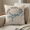Mark Twain Lake Missouri map design on a linen throw pillow.
