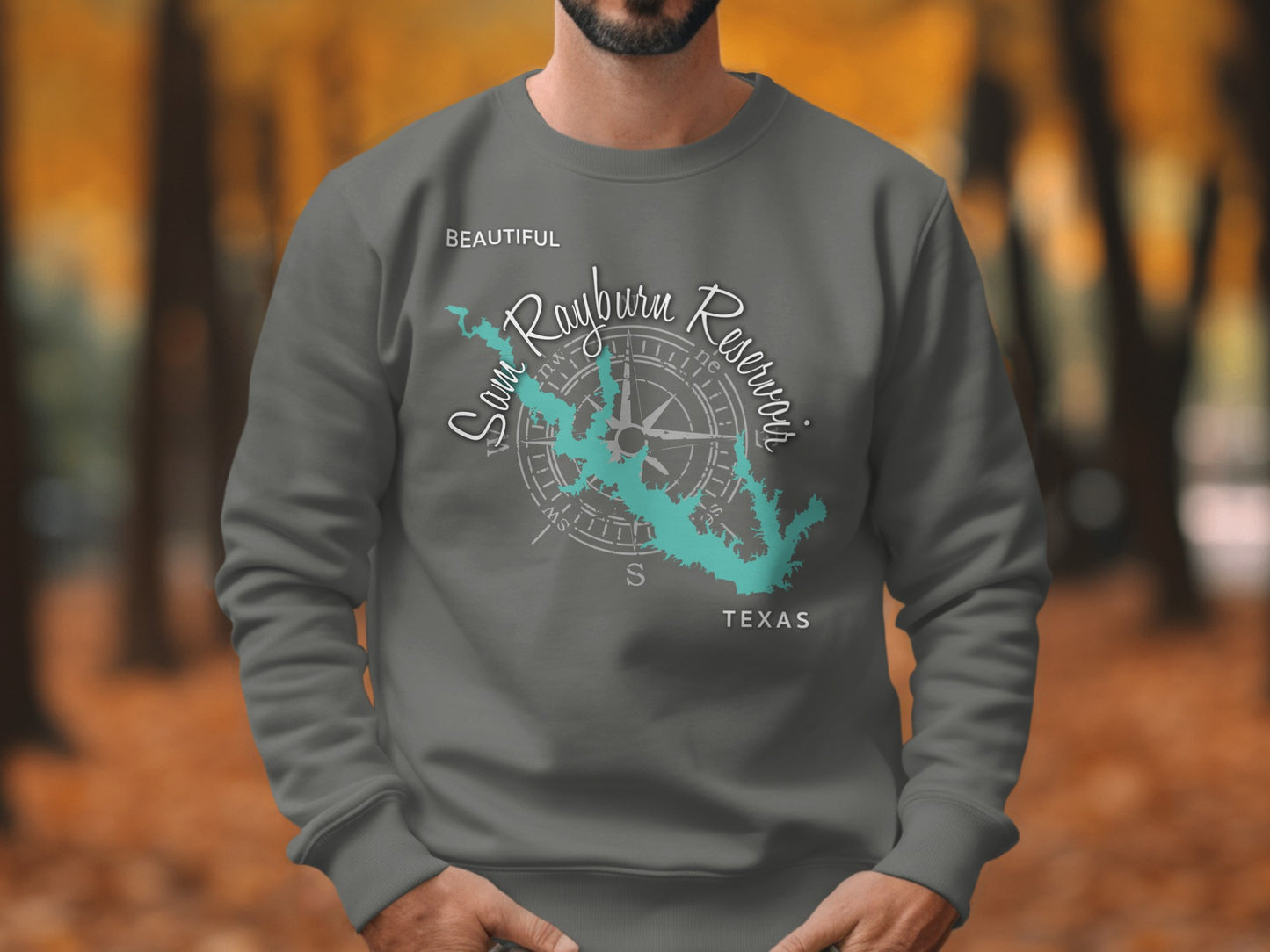 Gray sweatshirt with "Sam Rayburn Reservoir Texas" text and compass graphic.