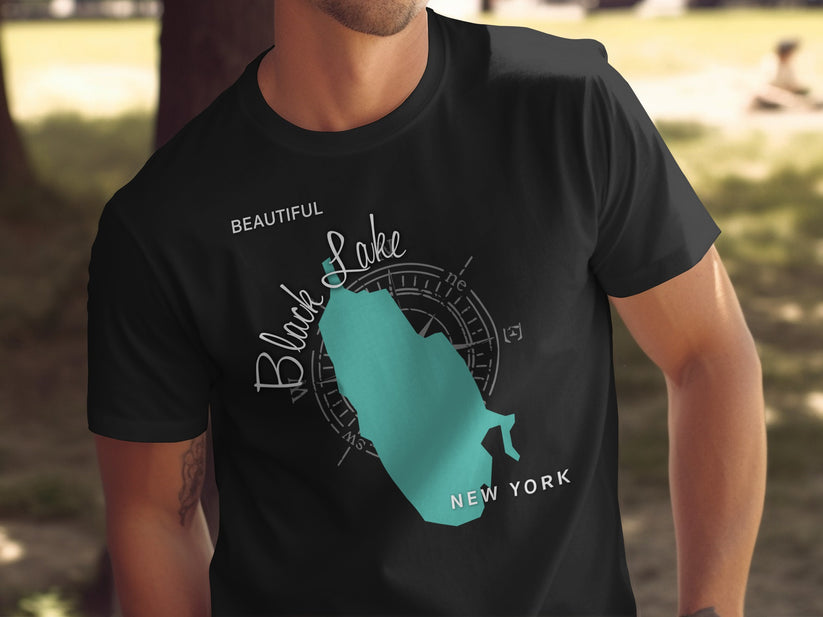 Black Lake New York map graphic on a black t-shirt.