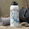 White water bottle with "ROCK LAN" and lake graphic on textured surface.