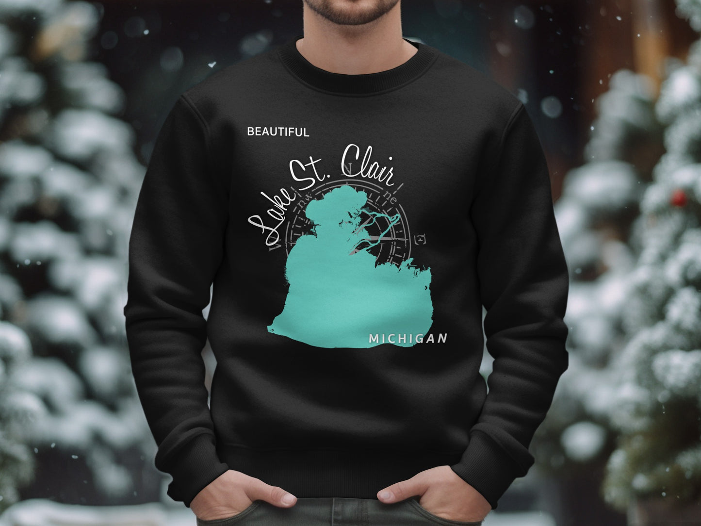 Black sweatshirt with teal Lake St. Clair map and compass graphic.