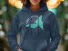 Blue hoodie featuring a teal outline of Lake Gregory with compass details and "CALIFORNIA" text.