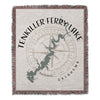 Woven blanket with Tenkiller Ferry Lake map, compass, and Oklahoma text.