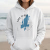 White hoodie with a blue map graphic of Lake Tiorati, New York.