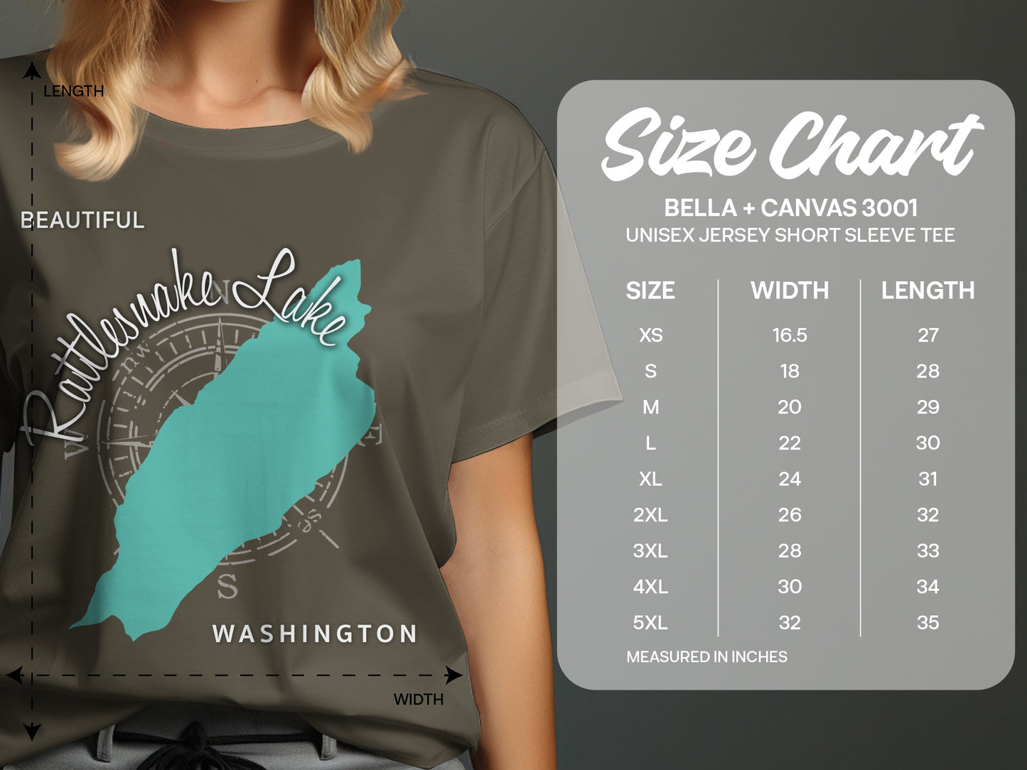Rattlesnake Lake t-shirt with Washington state outline and size chart.