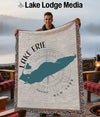 Woven throw blanket with Lake Erie map design, compass, and text "Lake Erie" and "New York."
