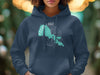 Navy hoodie with a turquoise Clear Lake, California map and compass graphic.
