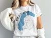 White t-shirt graphic with Grand Lake Colorado map outline and compass graphic.