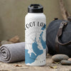 White water bottle with "FOOT LAKE" text and compass map design.