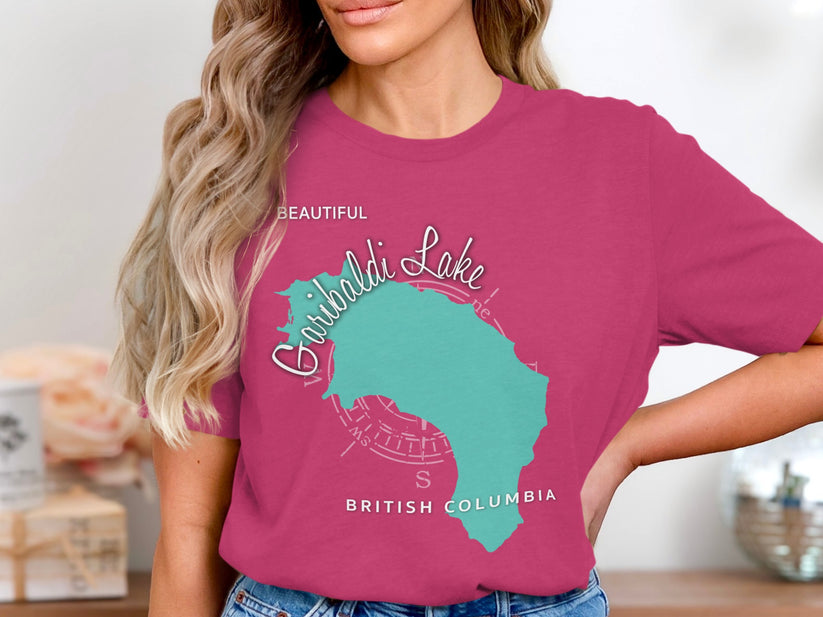 Pink t-shirt with teal Garibaldi Lake map and compass rose outline.